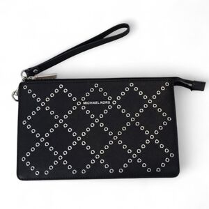 Michael Kors Daniela Grommeted Leather Wristlet‎ Black Silver Accents
